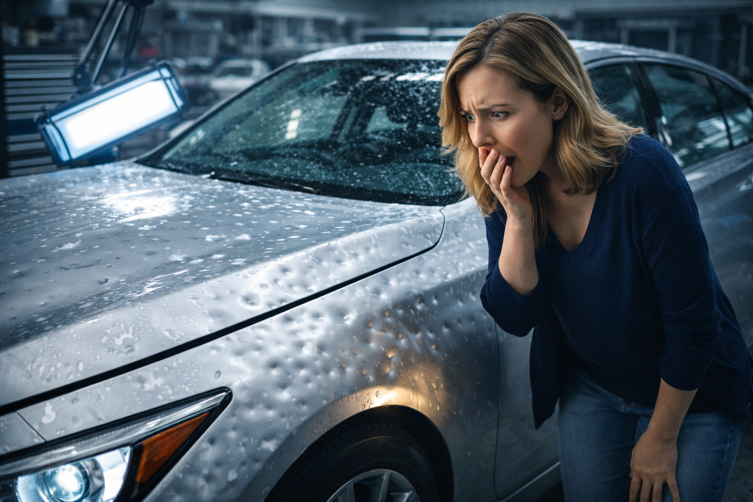 Customer with hail-damaged vehicle